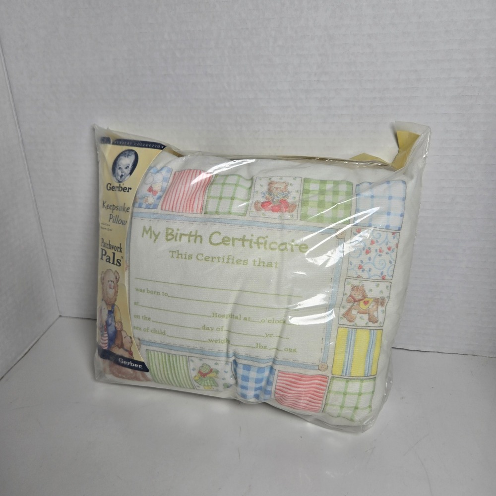 Vintage New Gerber Patchwork Pals Keepsake Pillow Baby Birth Certificate 10x13"